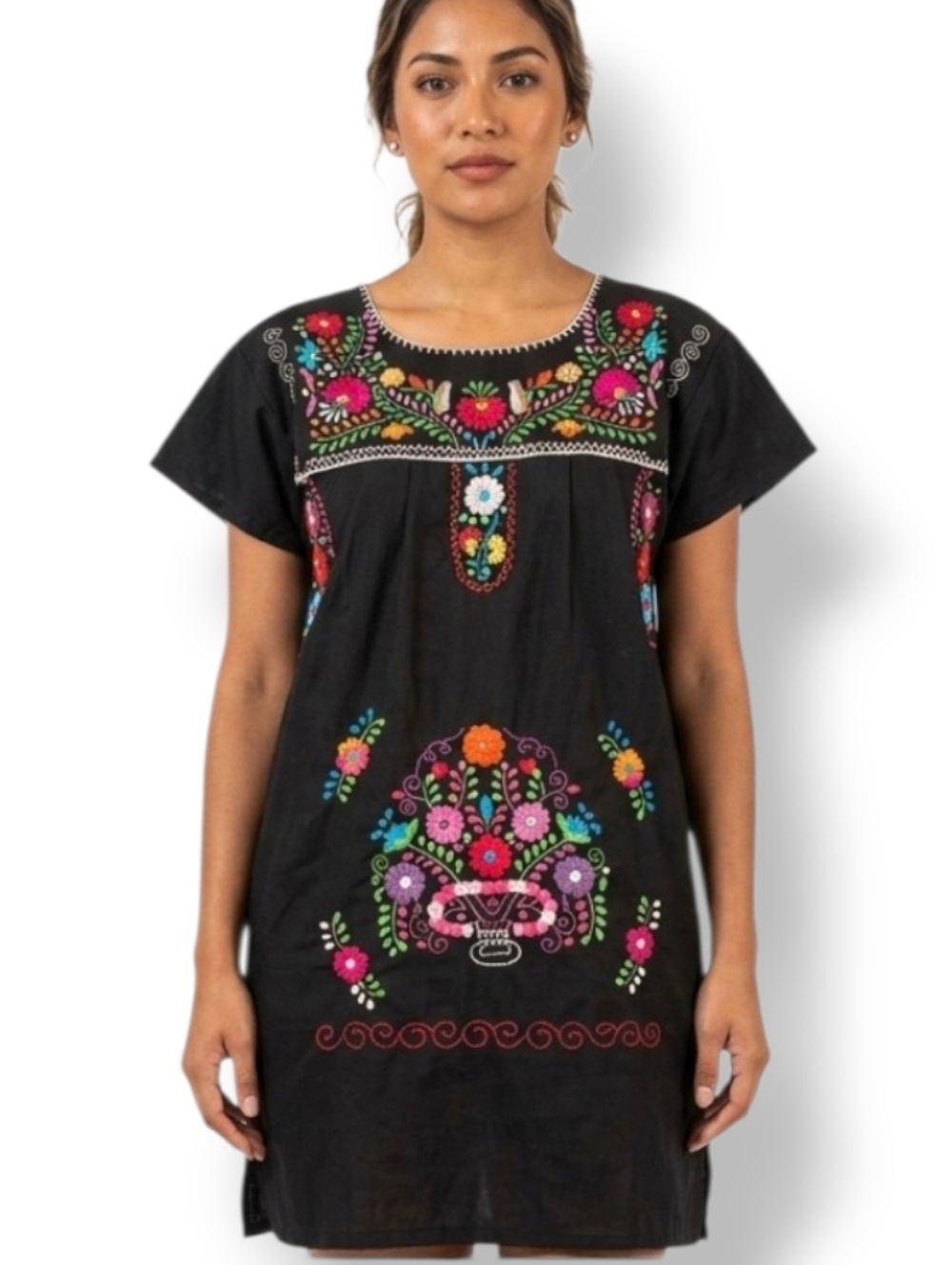 Embroidered Artesanal Mexican Black Short Sleeve Women’s Tunic Dress size 6